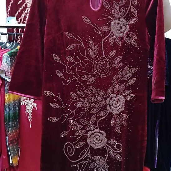 酒红色金丝绒重工长款旗袍2xl120斤左右