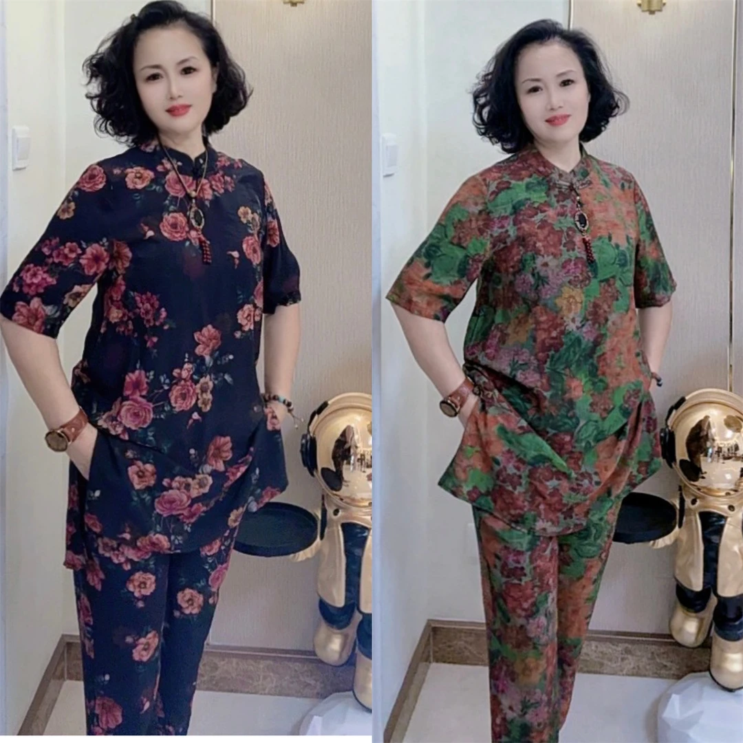 高端夏季国风复古盘扣中年妈妈中长款大衫小脚裤大码两件套装