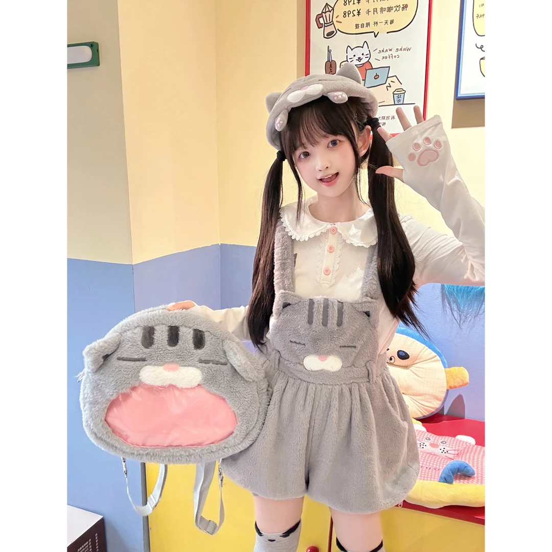 【To Alice】熊之原创丧猫系列秋冬毛绒花苞背带裤+娃娃领打底衫