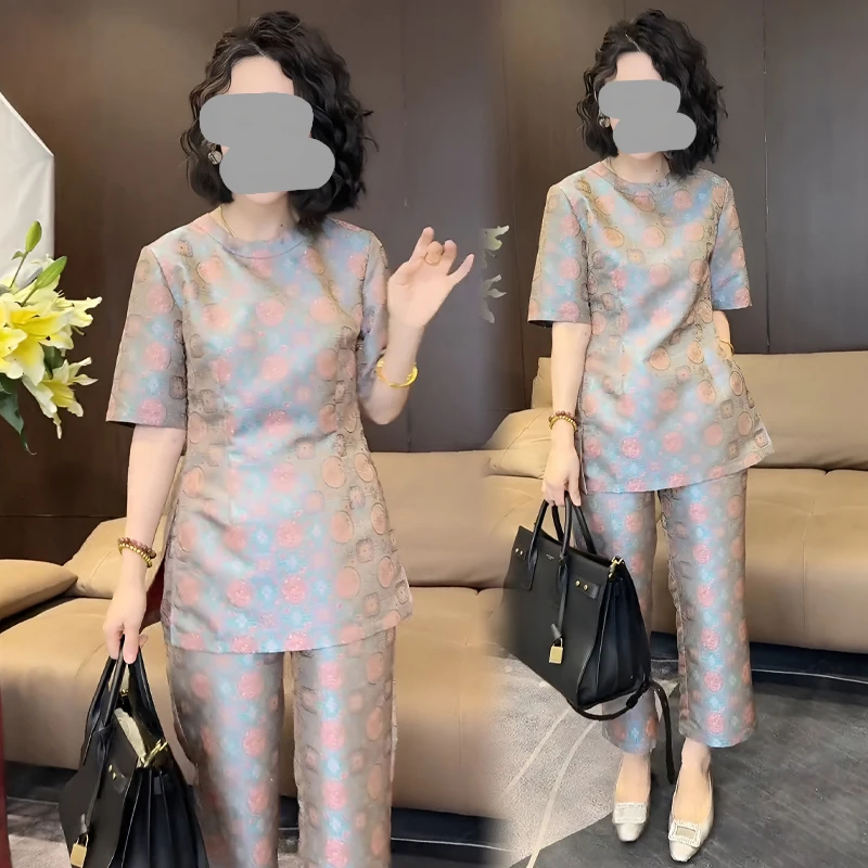 欧洲站2025夏季新中式国风百搭显瘦圆领上衣时尚高腰休闲裤两件套