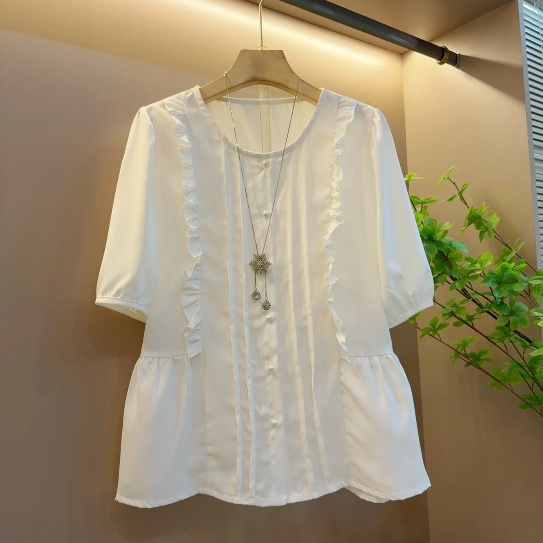 2025年夏季新款时尚百搭花边休闲设计款短袖上衣（衣长63左右）