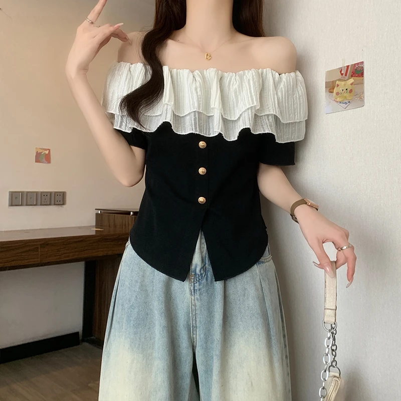 大码女装胖MM荷叶边一字肩撞色拼接2025夏季新款百搭休闲上衣女