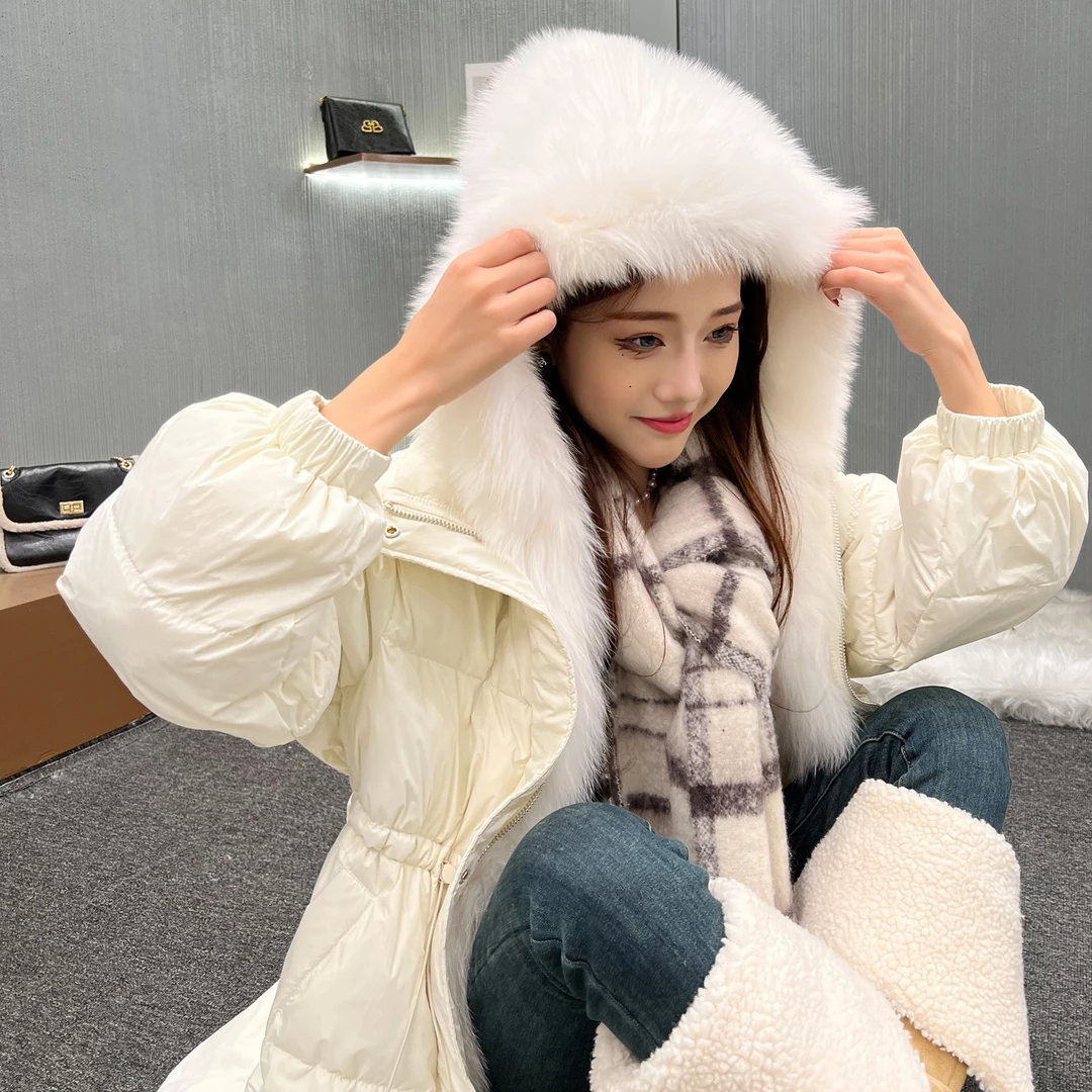 【专】中长款90大狐狸连帽羽绒服2024新款白鸭绒保暖带收腰宽松外套
