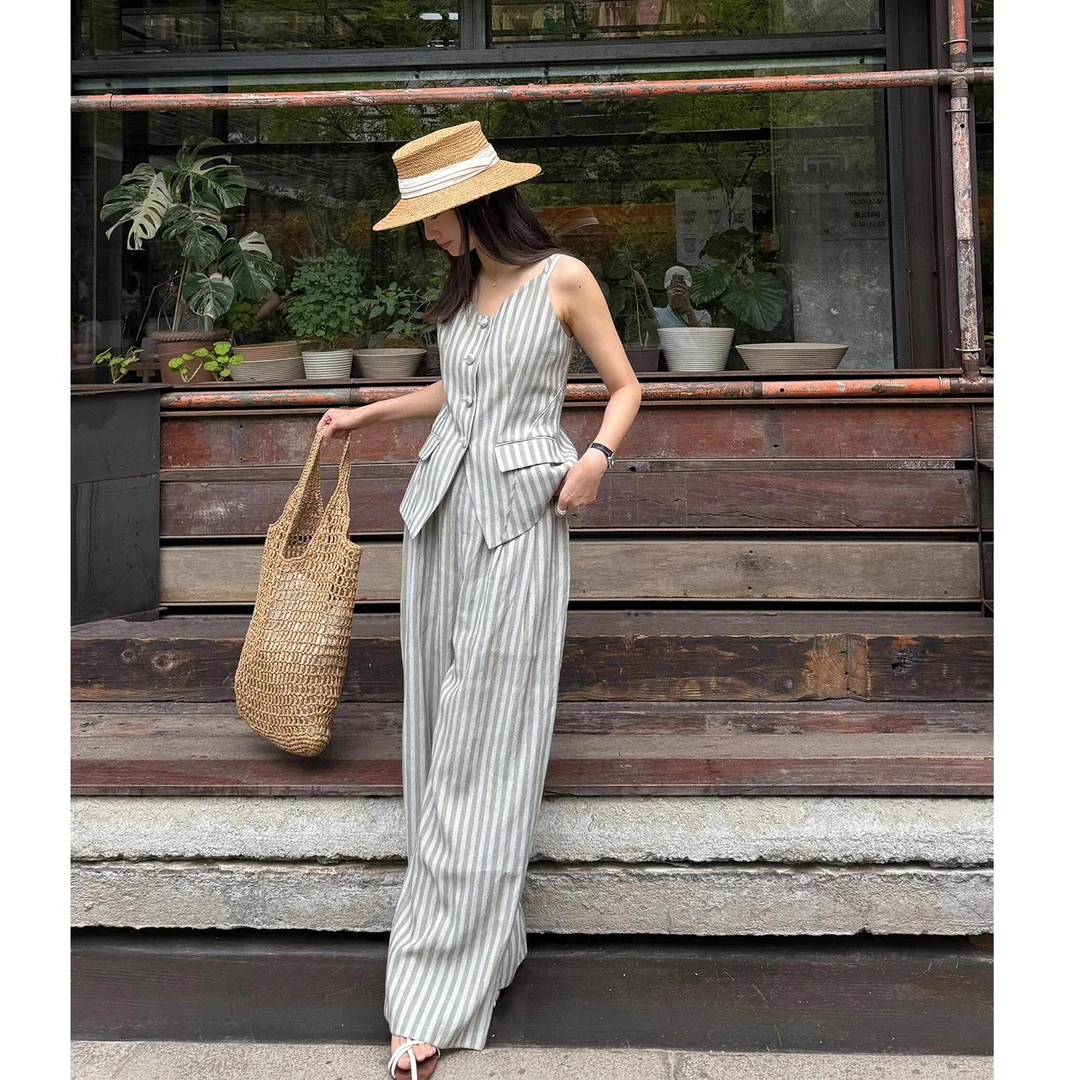 南法老钱风亚麻西装套装女夏季高端气质时尚条纹马甲阔腿裤两件套
