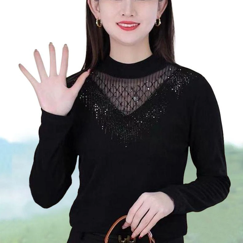 秋冬季爆款烫钻高档气质德绒打底衫女士时尚百搭减龄加绒长袖上衣
