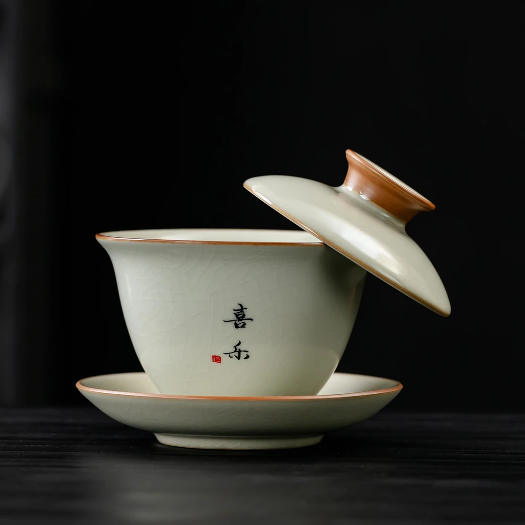 可悬停三才盖碗单个泡茶碗不烫手功夫茶具高档汝窑家用陶瓷茶杯器