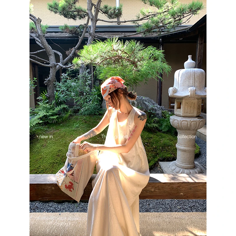 THREE GOOOD/三吉极简茶歇休闲背心棉麻交叠扭结连衣裙Y725Q08949