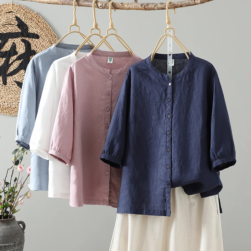 夏季纯亚麻立领夏季短袖衬衣圆领休闲风复古文艺时尚纯色66105