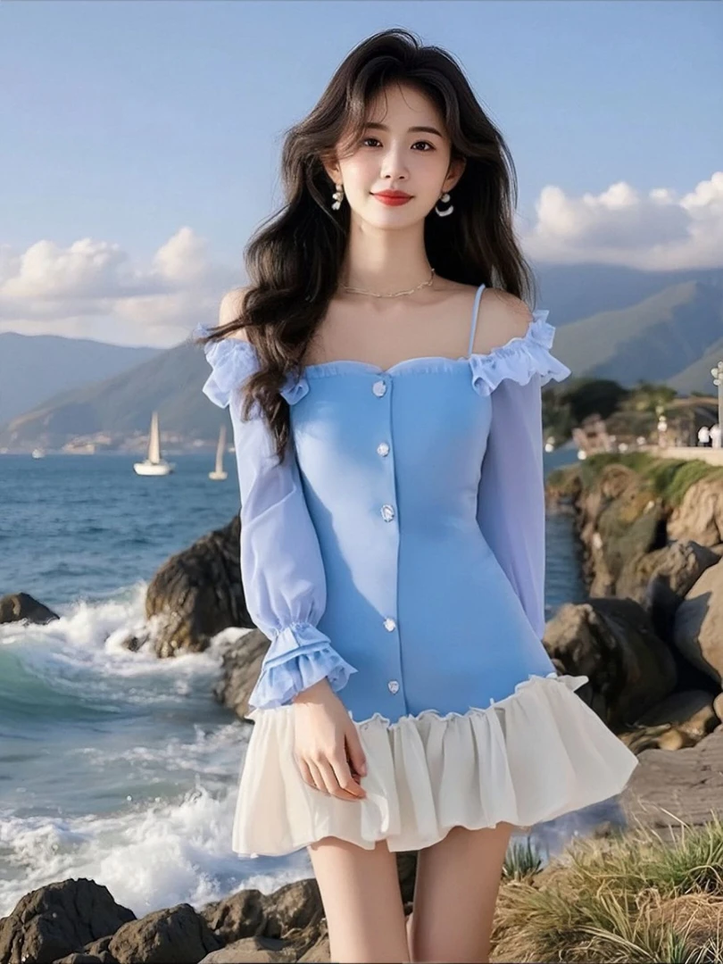 2025秋季高级感穿搭气质减龄收腰显瘦漂亮蓝色拼接连衣裙女