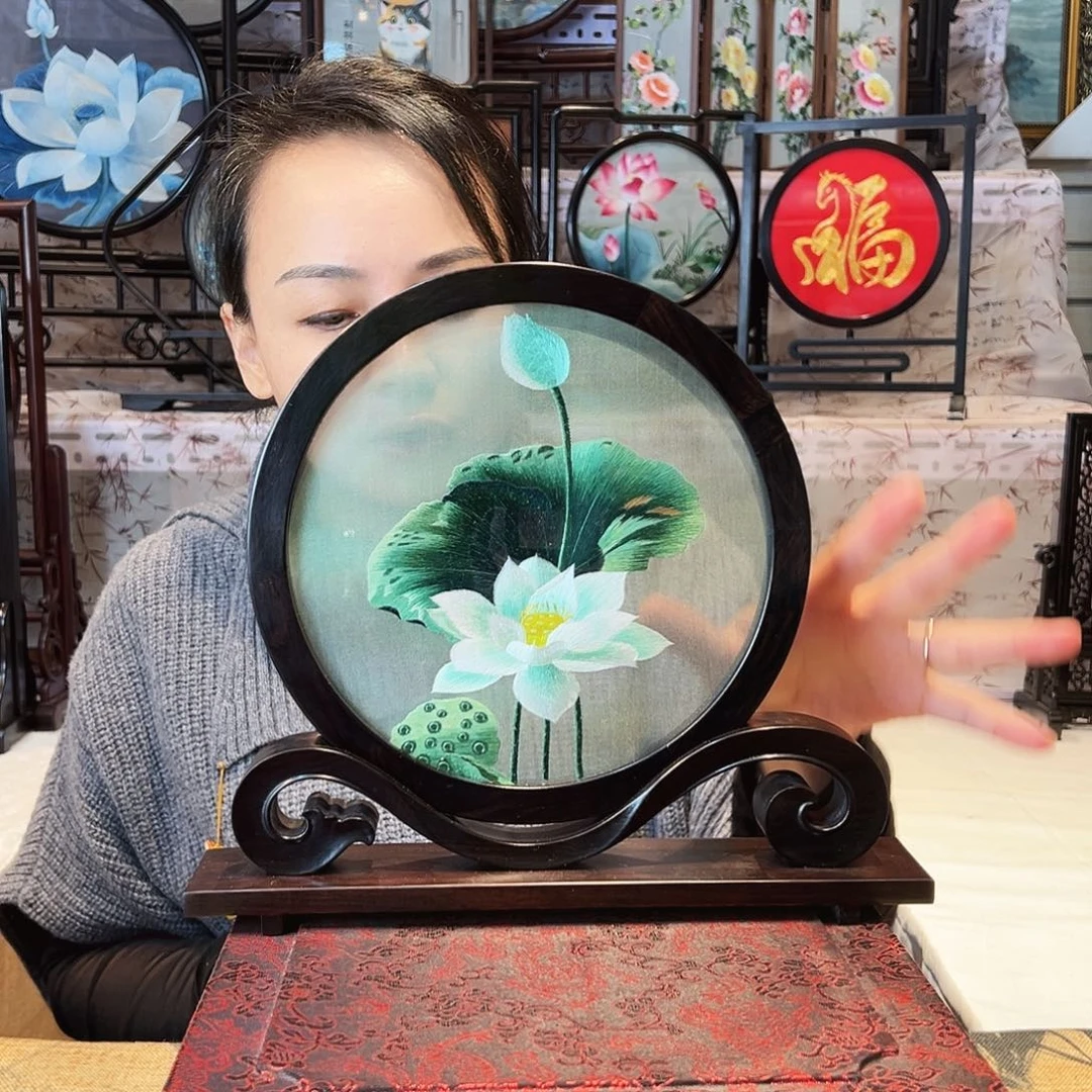 织绣苏绣摆台檀木手工双面
