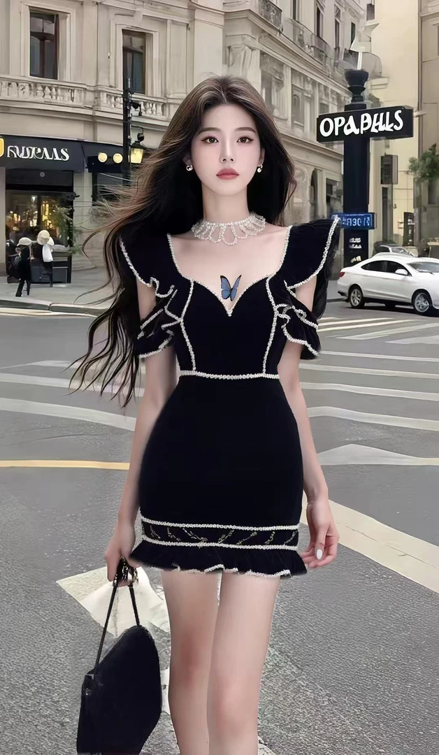 2025夏季新款轻奢优雅高端大气v领收腰包臀连衣裙女小众高级显瘦