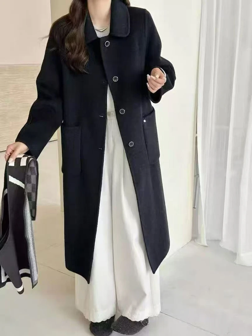 长袖翻领长款秋冬女厚款毛呢外套百搭冬季时尚气质