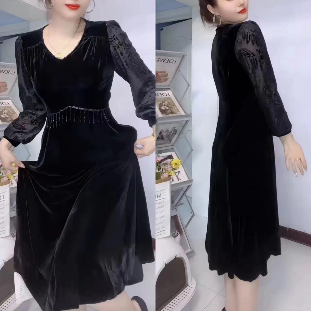 连衣裙V领拼接黑色早秋高弹长袖百搭