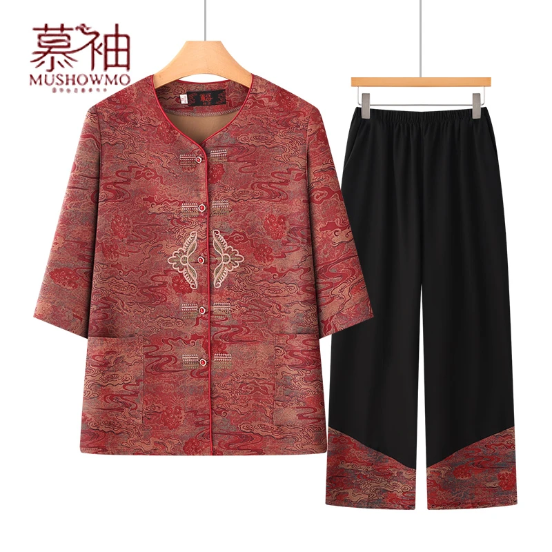 奶奶装春装新中式套装中老年人女装老太太夏季圆领七分袖两件套女