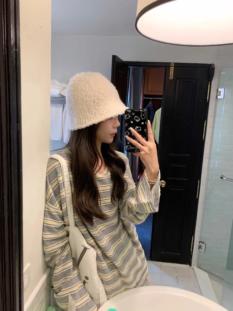 蓝白撞色条纹圆领长袖T恤女春秋新款色织宽松百搭Tee韩里韩气上衣