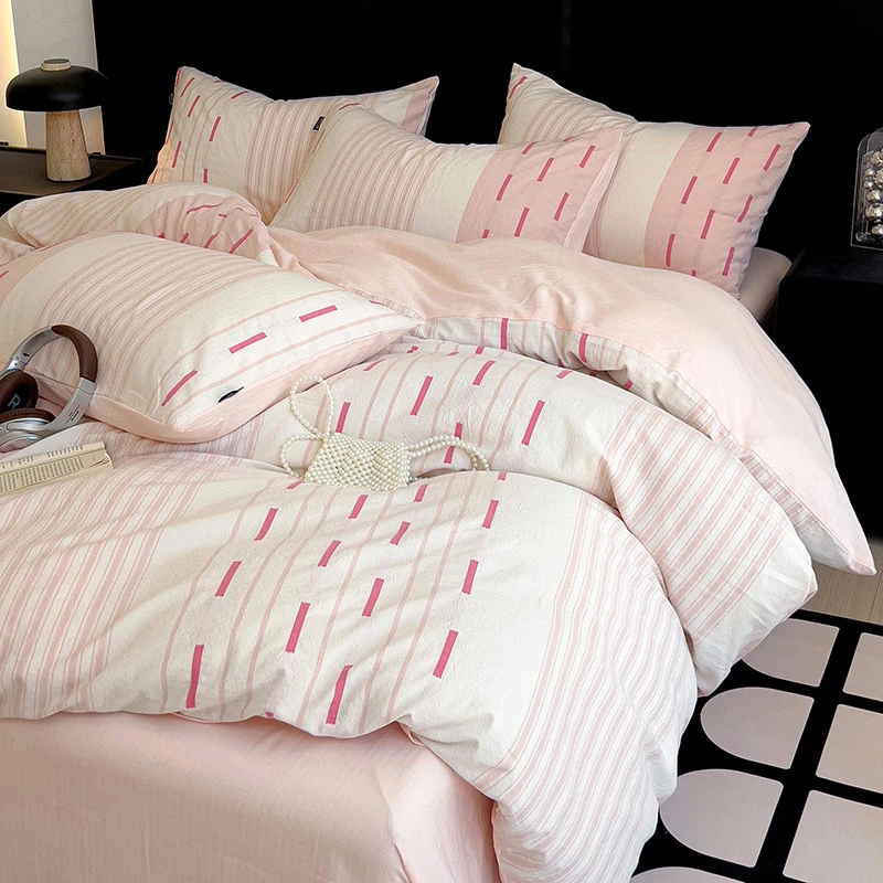 提花纯绵床上四件套简约条纹纯棉色织单件被套床单学生宿舍三件套