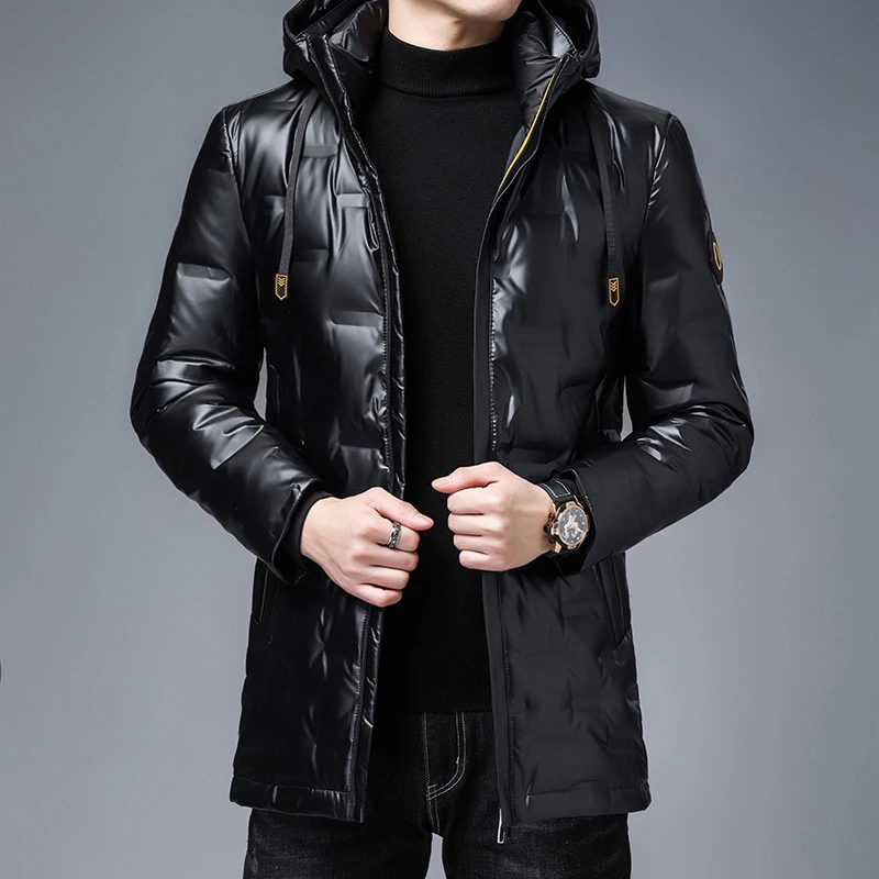 冬季男士中长款白鸭绒羽绒服中青年亮面休闲帅气保暖外套