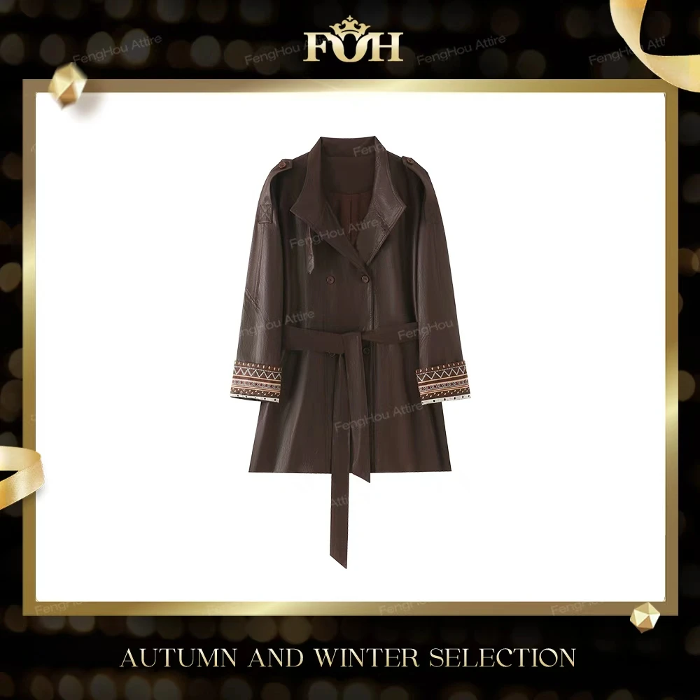 【封后轻奢设计】【种草推荐】巴恩风系带款翻领风衣皮外套7701