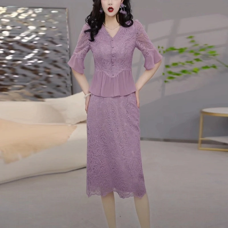 2025夏季新款刺绣蕾丝优雅轻奢女装名媛高级感短袖两件套连衣裙子