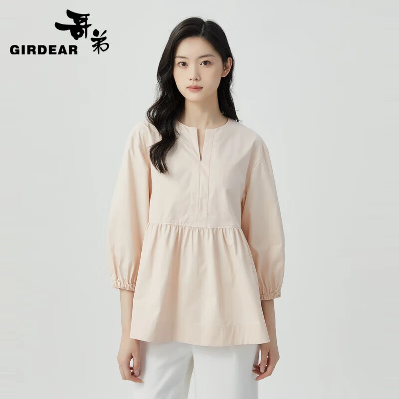 GIRDEAR/哥弟简约优雅通勤百搭圆领七分袖减龄纯棉T恤女1300861