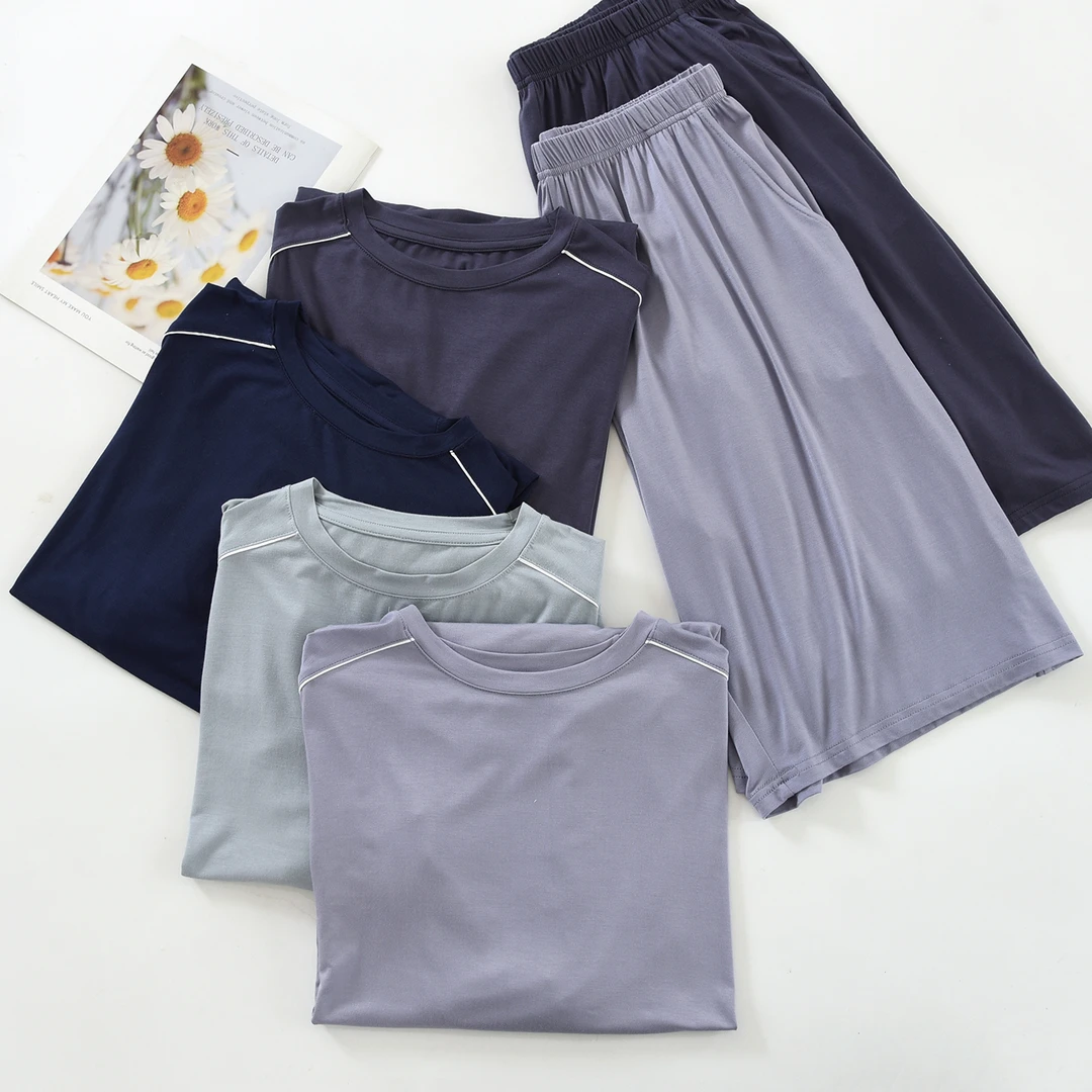 冰丝莫代尔睡衣男夏季薄款短袖短裤家居服套装纯色凉感休闲可外穿