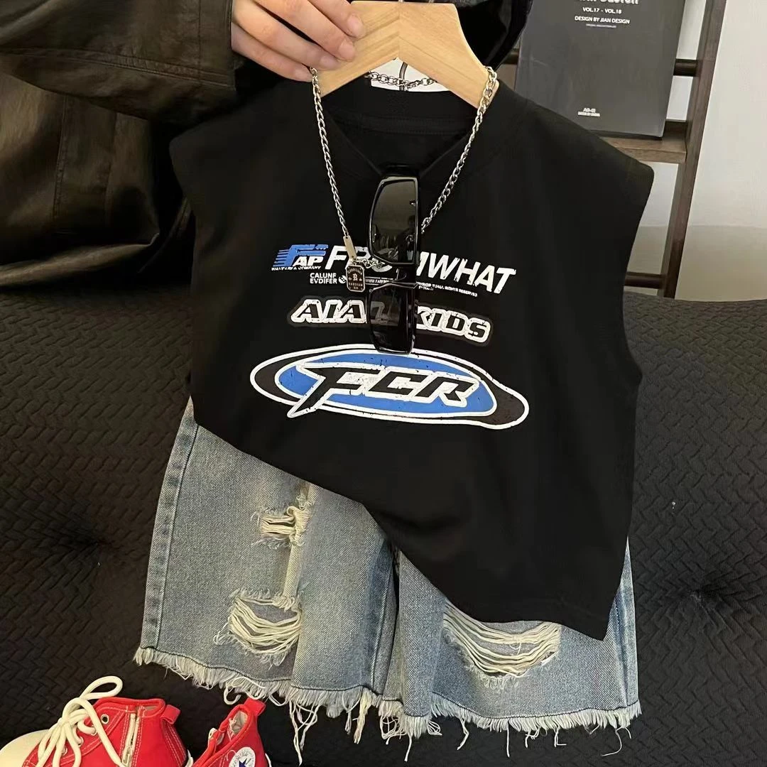 男童夏季新款韩版时尚套装字母印花洋气上衣破洞牛仔短裤炸街 YQ