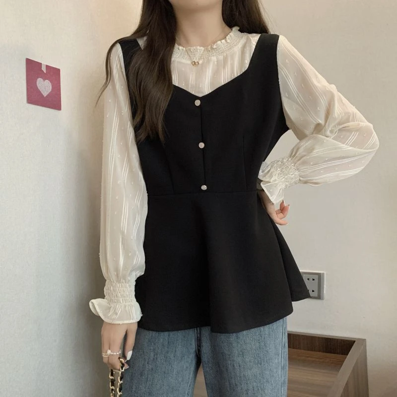 时尚法式木耳边假两件拼接衬衫女春季新款大码胖mm显瘦遮肚子上衣