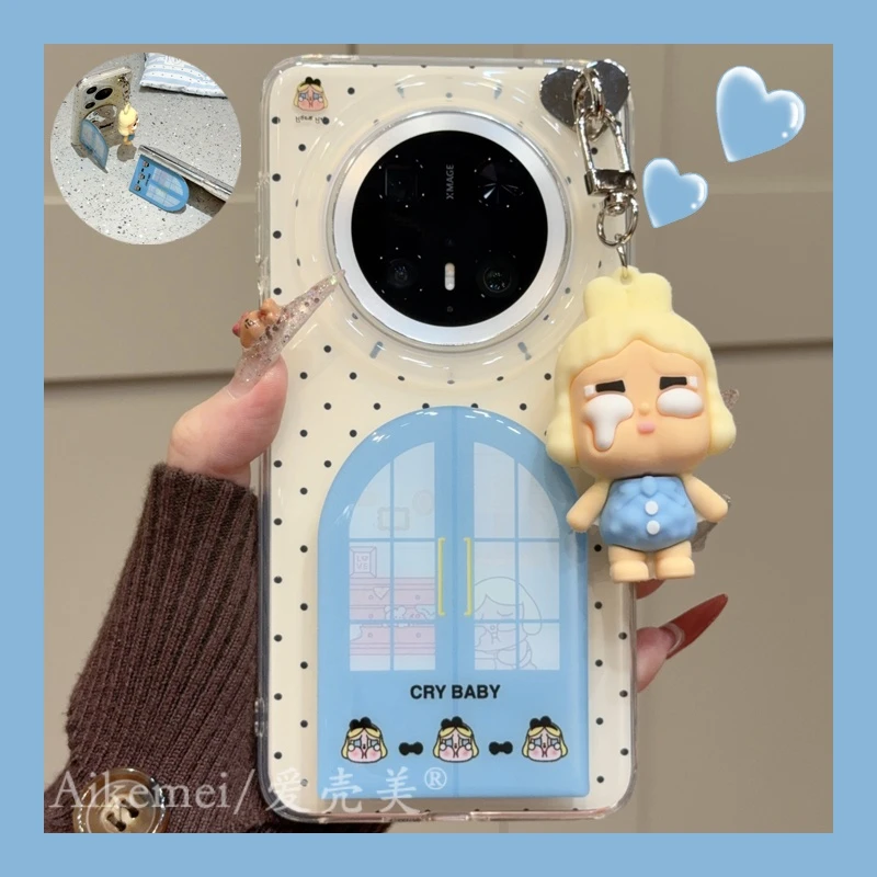 适用华为mate70pro+手机壳波点哭娃mate60pro+窗户镜面支架挂件女