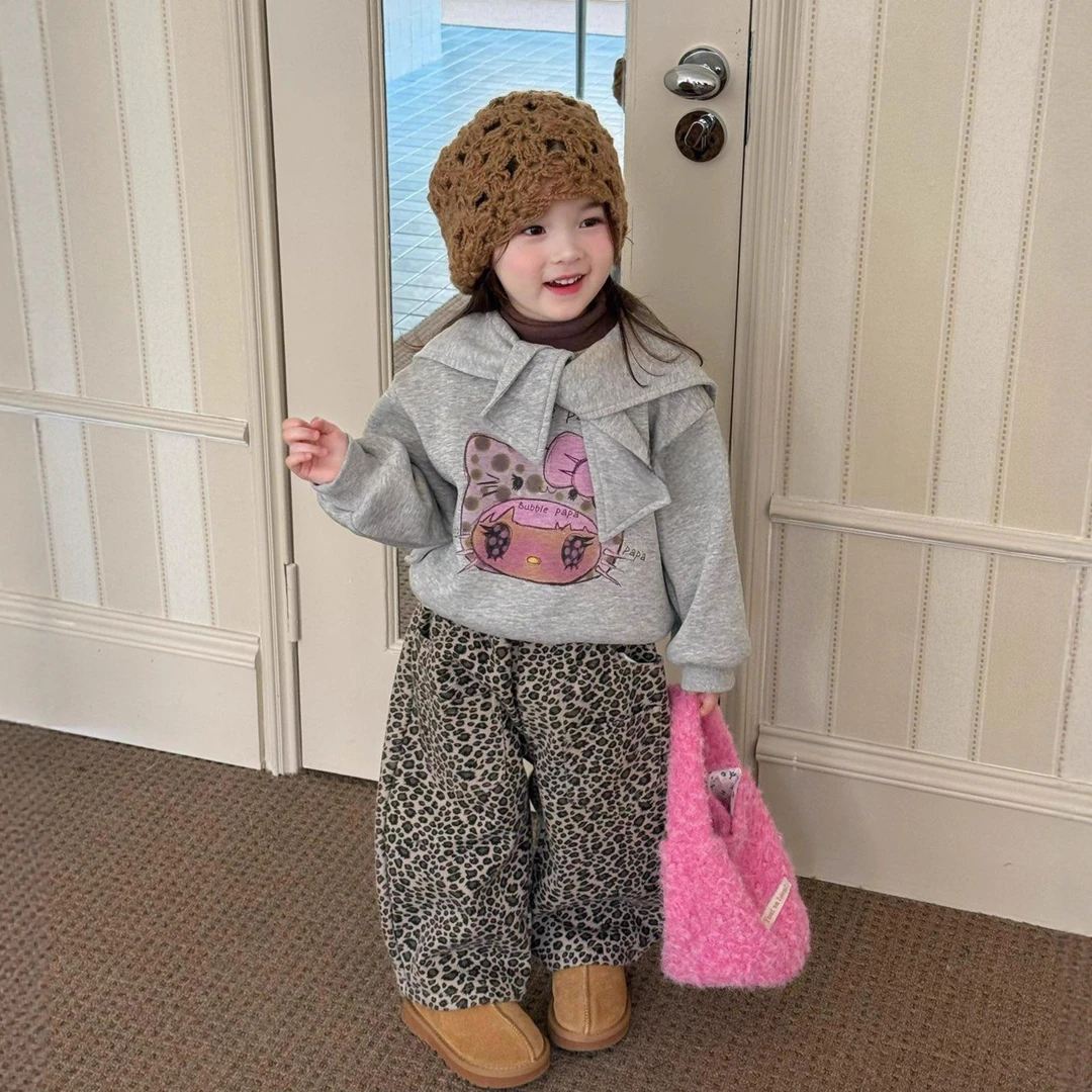 甜小七女童2025秋冬新款韩版洋气海军领卫衣豹纹镰刀裤休闲套装