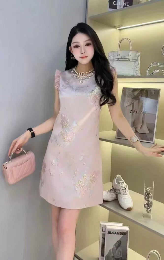 TG高定中式国风刺绣提花钉钻连衣裙女木耳边无袖背心裙-74