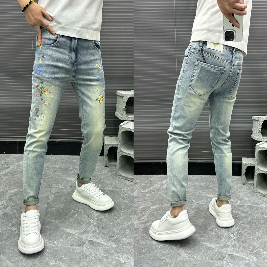 轻奢水洗复古印花磨痕男士牛仔裤时尚小脚弹力显瘦休闲夏季舒适潮