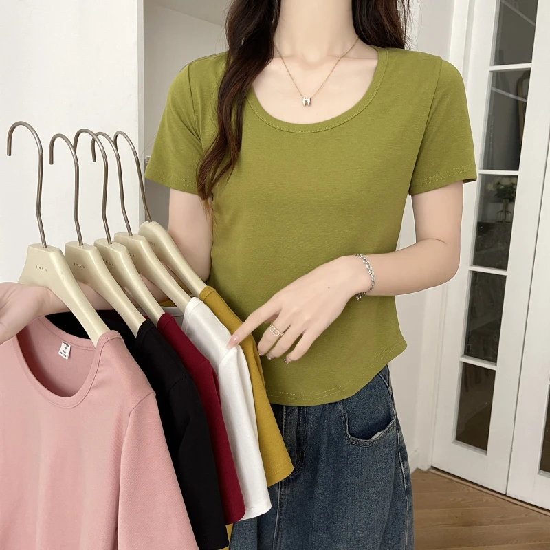 【运费险+现货】法式U领正肩显瘦短袖女夏季弧形下摆t恤内搭上衣