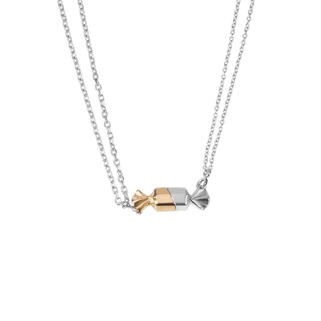 吊坠925银大理石 情侣项链组合新款磁吸糖果吊坠金银拼色男女设计