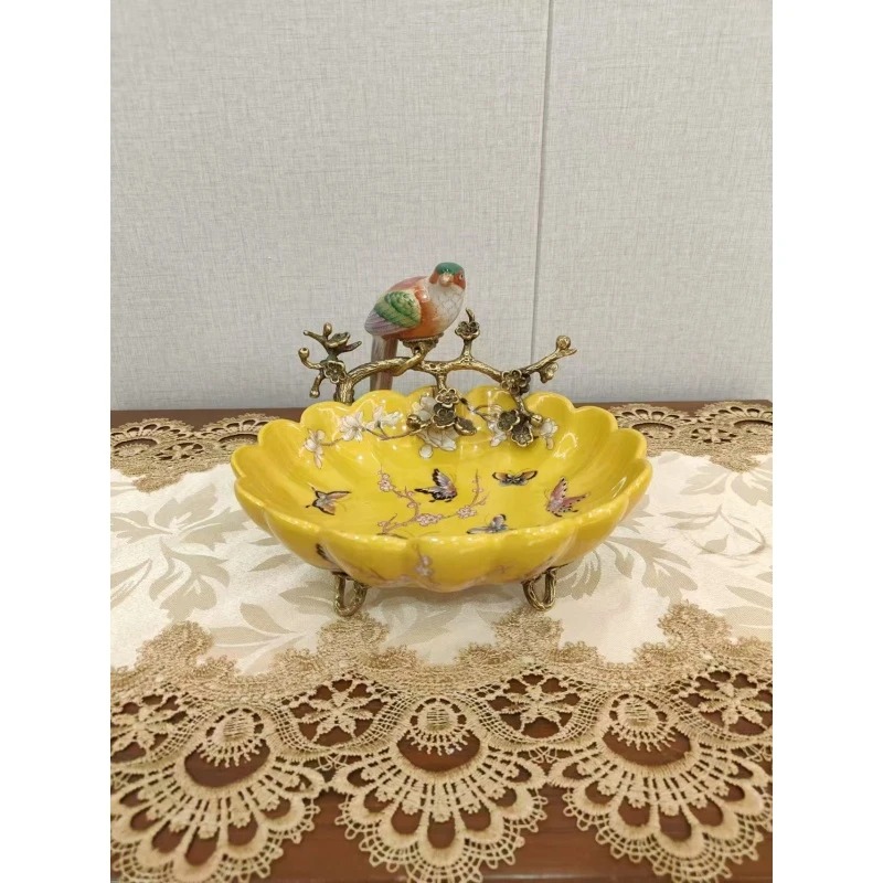 铜配瓷蝶恋花黄小鸟果盘1913G