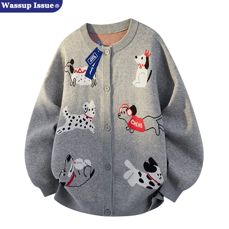 WASSUP ISSUE复古趣味小狗开衫毛衣男秋冬季慵懒风针织衫休闲外套