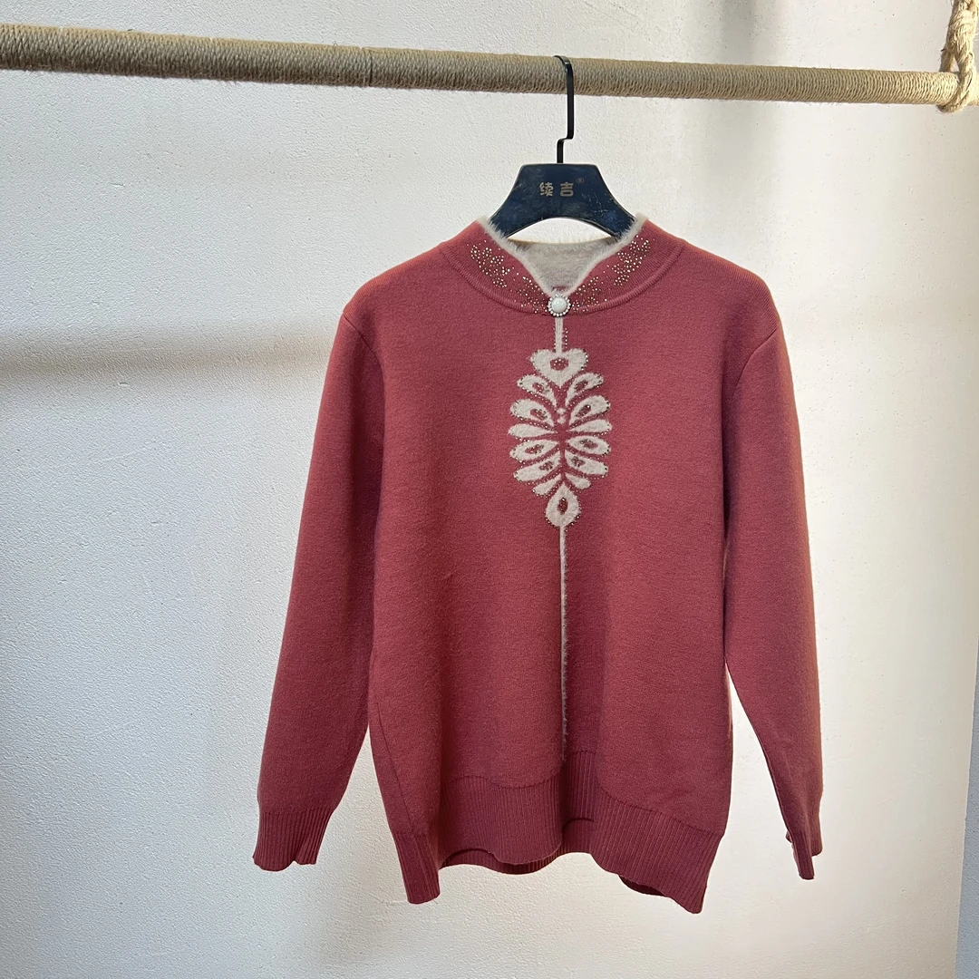 原创设计25-109立领气质长袖百搭休闲针织加绒毛衣妈妈装