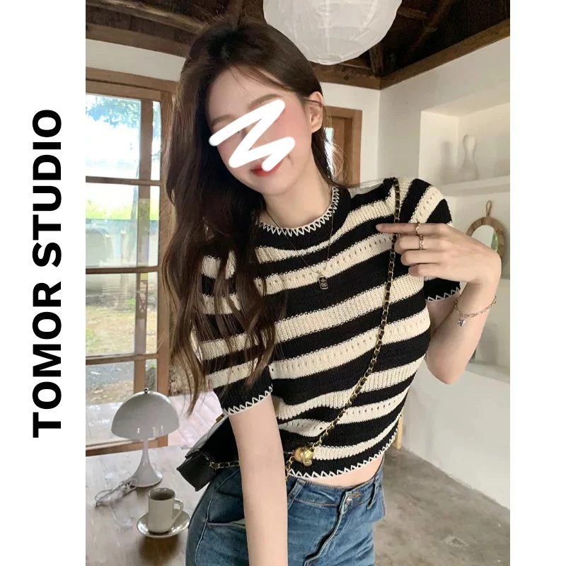 【直播专属】甜辣妹黑白条纹正肩短袖针织T恤夏季高腰显瘦短款上衣