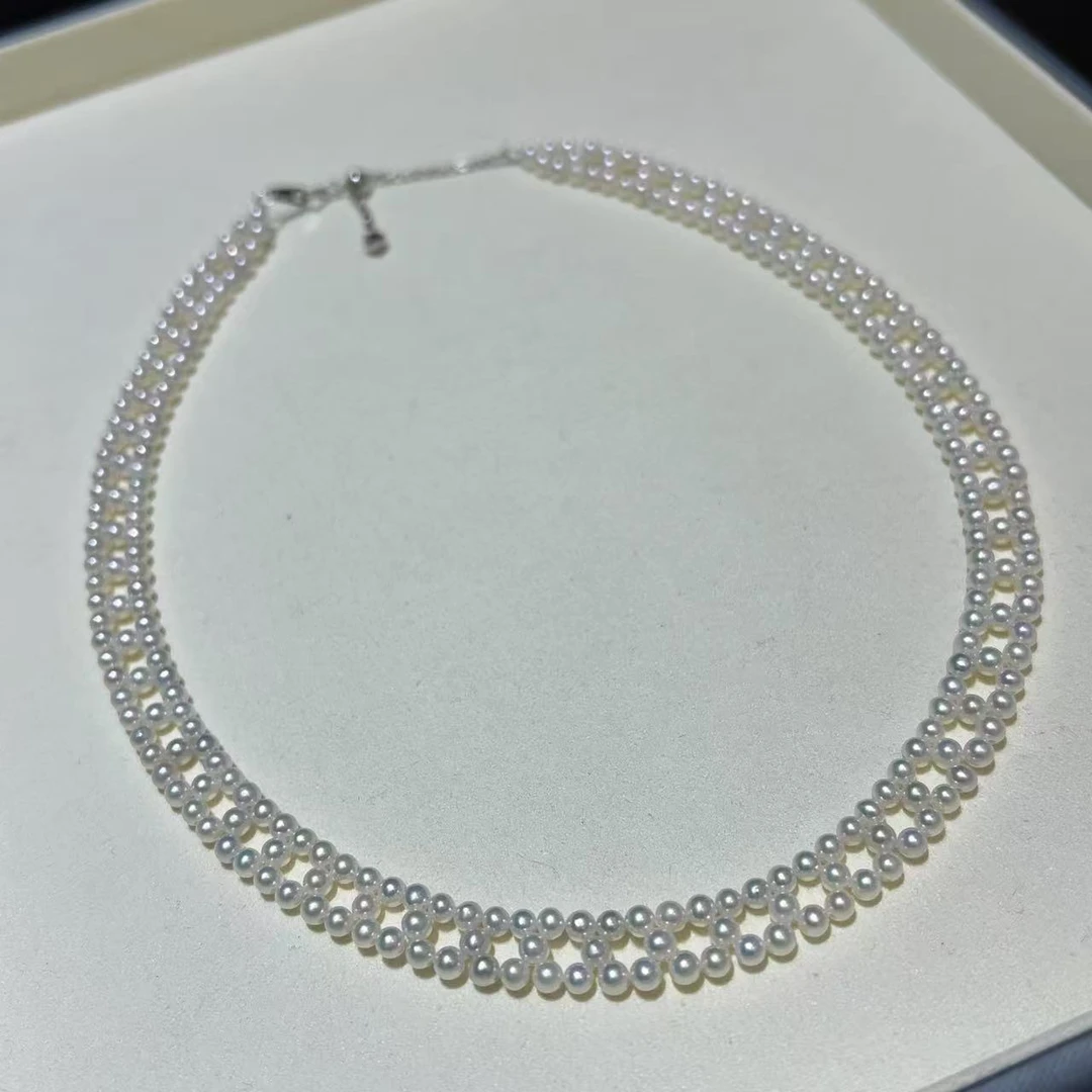 [十上珍珠]G085-S925银极光淡水珍珠编制项链3-4mm