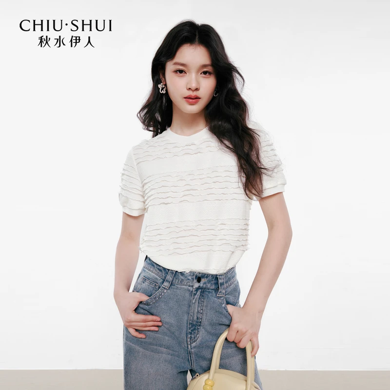 秋水伊人优雅圆领T恤2025年夏季新款宽松木耳边上衣625203A200189