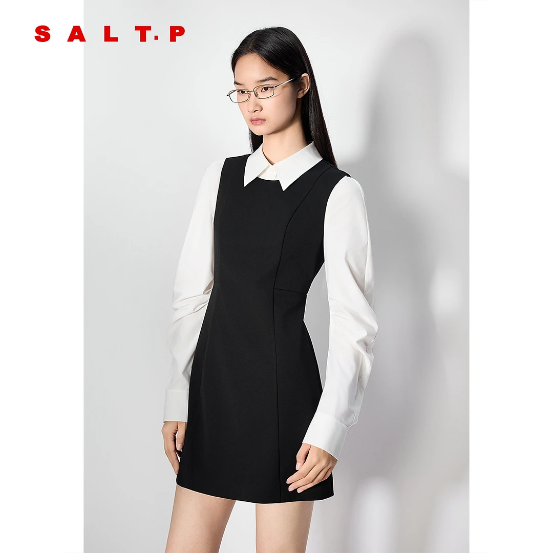 SALT.P可颜2025秋新款学院风假两件设计拼接衬衫连衣裙AC35305110