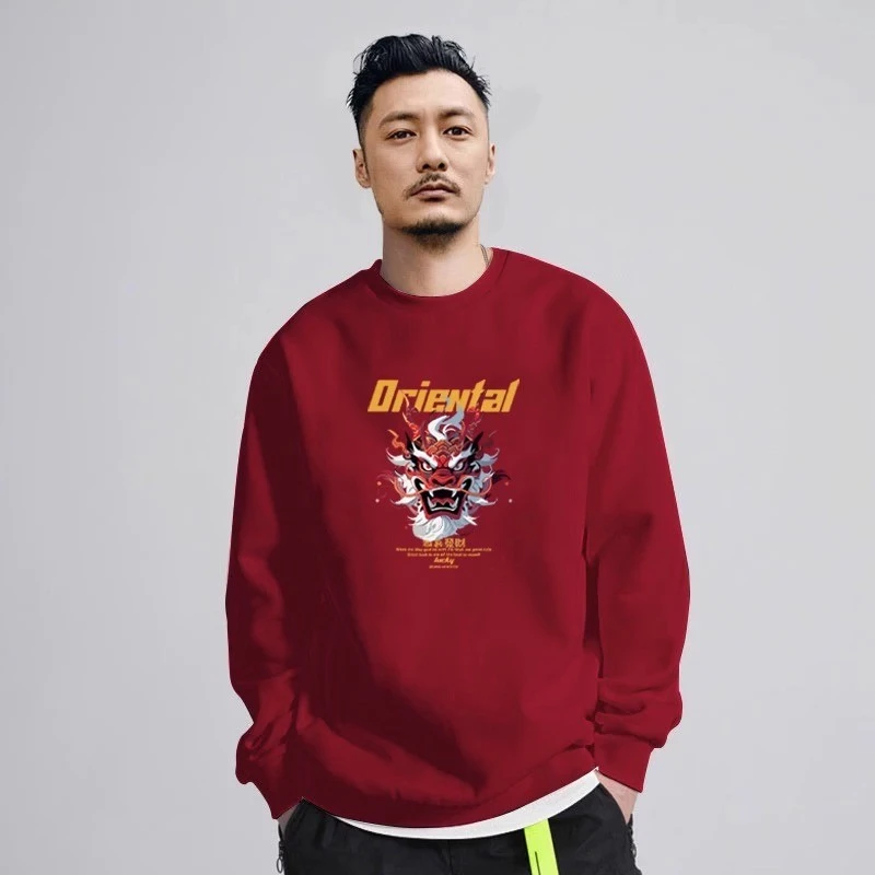 仓石一树潮牌圆领卫衣男士春秋冬宽松休闲酒红色长袖体恤加绒上衣