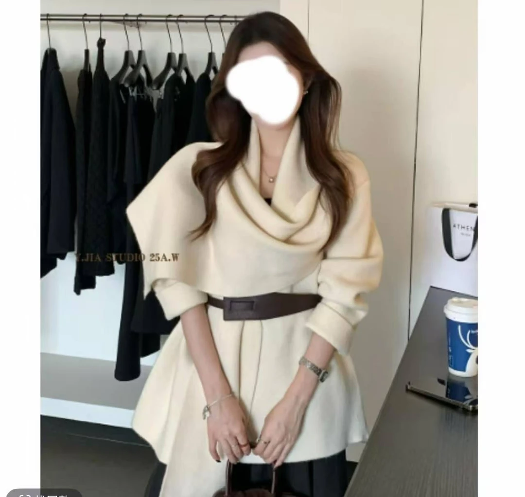 松弛氛围感围巾领气质慵懒针织开衫外套短外套(配腰带)