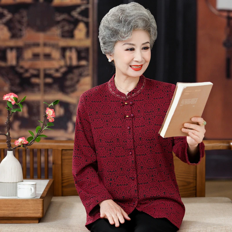 婚礼奶奶秋装衬衫上衣老太太唐装喜庆衬衣长袖老年人妈妈春秋外套