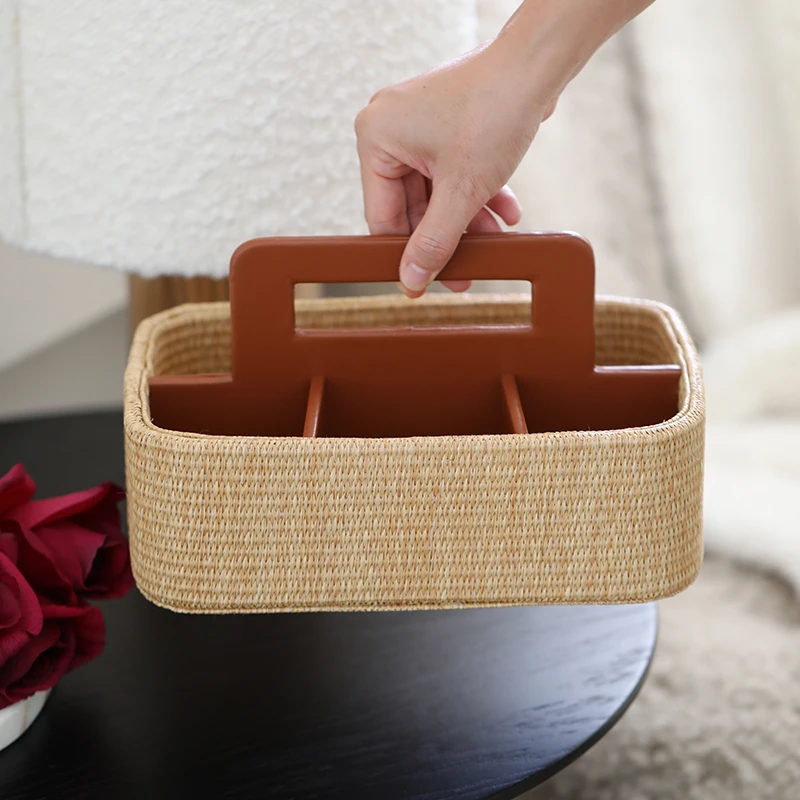 藤编手提遥控器收纳盒茶几书房桌面整理盒法式复古储物篮玄关收纳