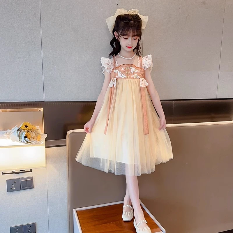 潮款宝宝女童连衣裙茶服儿童洋气裙子夏季童装公主裙女大童仙气