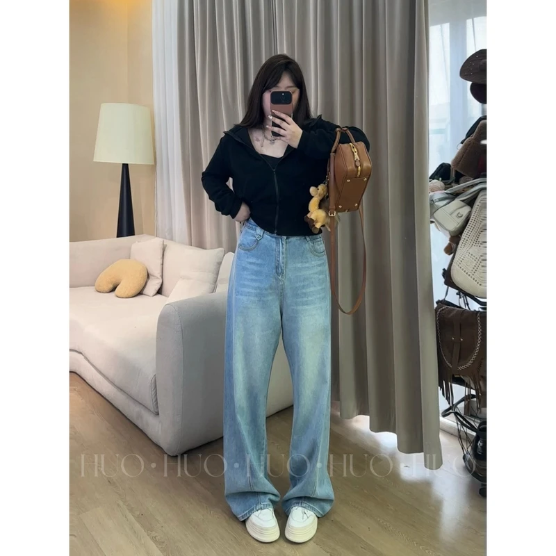 现货6644#大码春季新款浅蓝色弯刀美式高腰宽松直筒阔腿镰刀裤