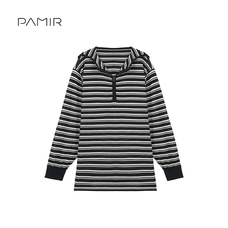 【冬姐精选】PAMIR春夏新款女连帽精纺羊毛条纹针织衫 PZ577