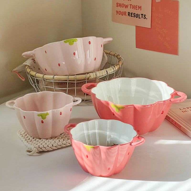 草莓双耳南瓜碗勺套装粉色可爱清新陶瓷碗家用新款釉下彩精致餐具