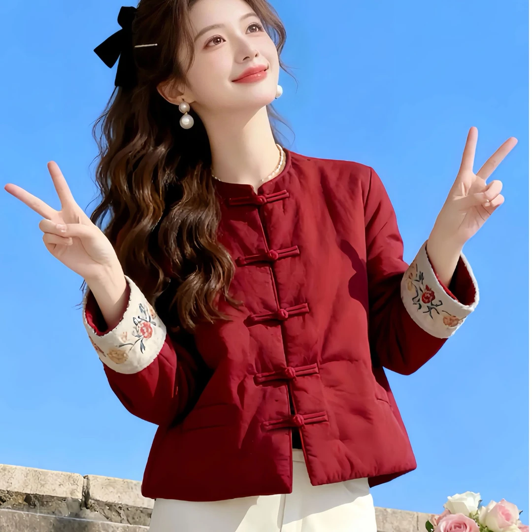 新中式国风盘扣棉服女2025复古风立领新款复古袖口简约红色外套潮