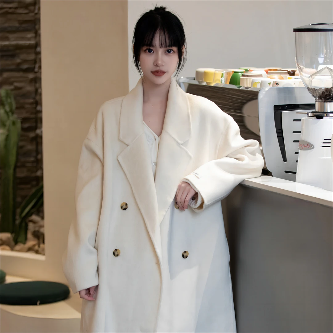 韩系休闲长毛双面羊绒大衣毛呢外套茧型慵懒风澳洲羊毛大衣女